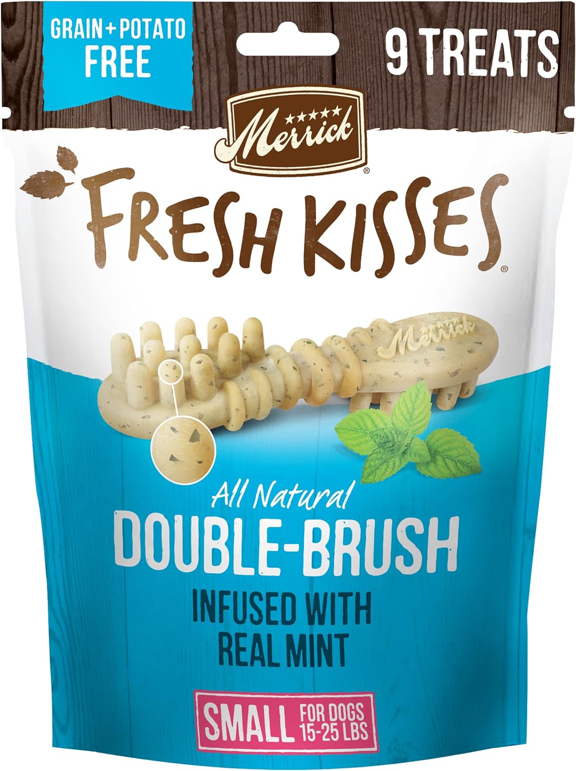 Merrick Fresh Kisses Natural Dental Chews, Toothbrush Treat Shape Infused With Real Mint, Small Dogs 15-25 Lbs - 9 ct. Bag