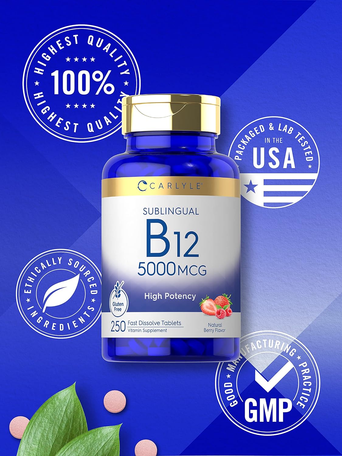 Carlyle Vitamin B12 5000mcg | 250 Fast Dissolve Tablets | Natural Berry Flavor | Vegetarian, Non-GMO, Gluten Free : Health & Household