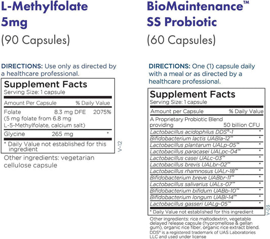 Metabolic Maintenance 2-Product Set with L-Methylfolate 5mg - Active Folate (L-5-MTHF), Mood Support (90 Capsules) + BioMaintenance 50 Billion CFU Probiotic, Immune Support (60 Capsules)