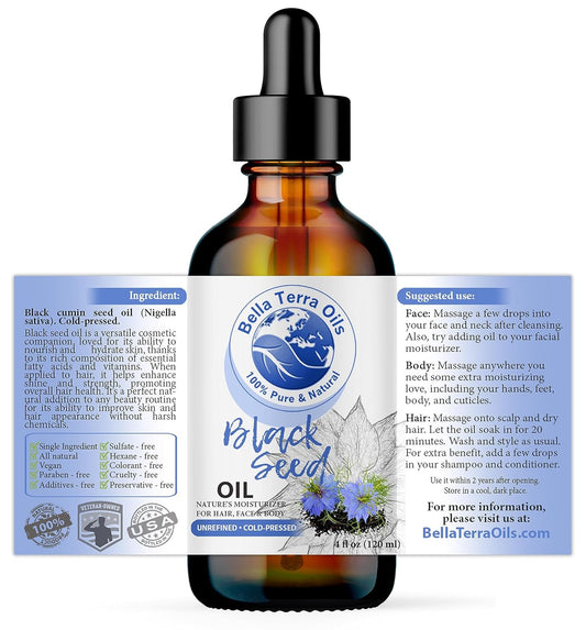 Bella Terra Oils - Black Seed Oil 4oz - Luxuriate in the Richness of Nigella Sativa, High in B-Vitamins, For a Naturally Beautiful Skin