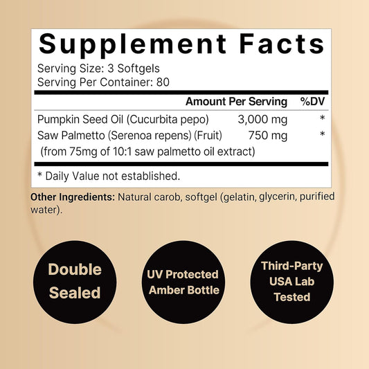 Naturebell Virgin Pumpkin Seed Oil 3,000Mg Per Serving With Saw Palmetto, 240 Softgel Capsules | Cold Pressed – Rich In Omega 6 & 9 Essential Fatty Acids – Prostate & Bladder Supplements, Non-Gmo
