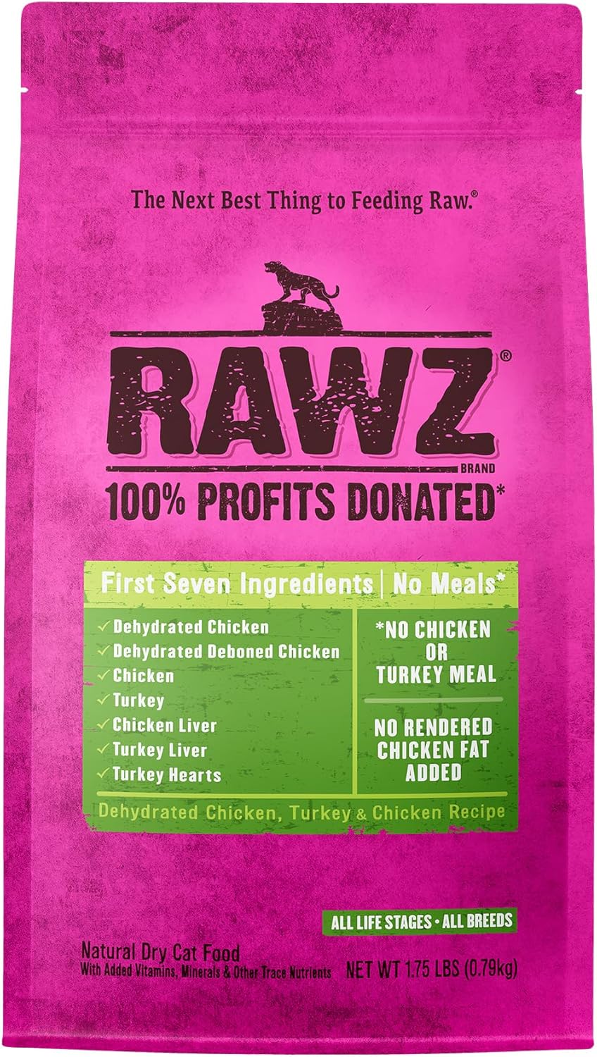 Rawz Dehydrated Chicken, Turkey & Chicken Recipe Natural Meal Free Dry Cat Food (1.75 Pound (Pack Of 1), Chicken & Turkey)