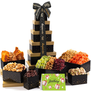 Nut Cravings Gourmet Collection - Happy Birthday Nuts & Dried Fruits Tower Gift Basket With Hb Ribbon (12 Assortments) Food Platter, Bday Care Package Tray, Healthy Kosher Snack