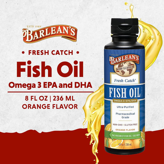 Barlean's Omega 3 Fish Oil Supplement, Liquid EPA & DHA Fatty Acid Supplements for Joint, Brain, & Heart Health Support, Orange Flavored Liquid Omegas, 8 oz