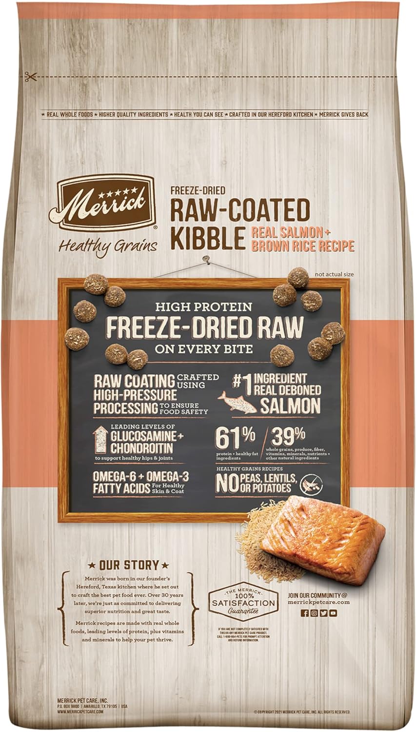 Merrick Healthy Grains Freeze Dried Raw Coated Kibble, Natural High Protein Dog Food, Salmon and Brown Rice - 10.0 lb. Bag : Pet Supplies