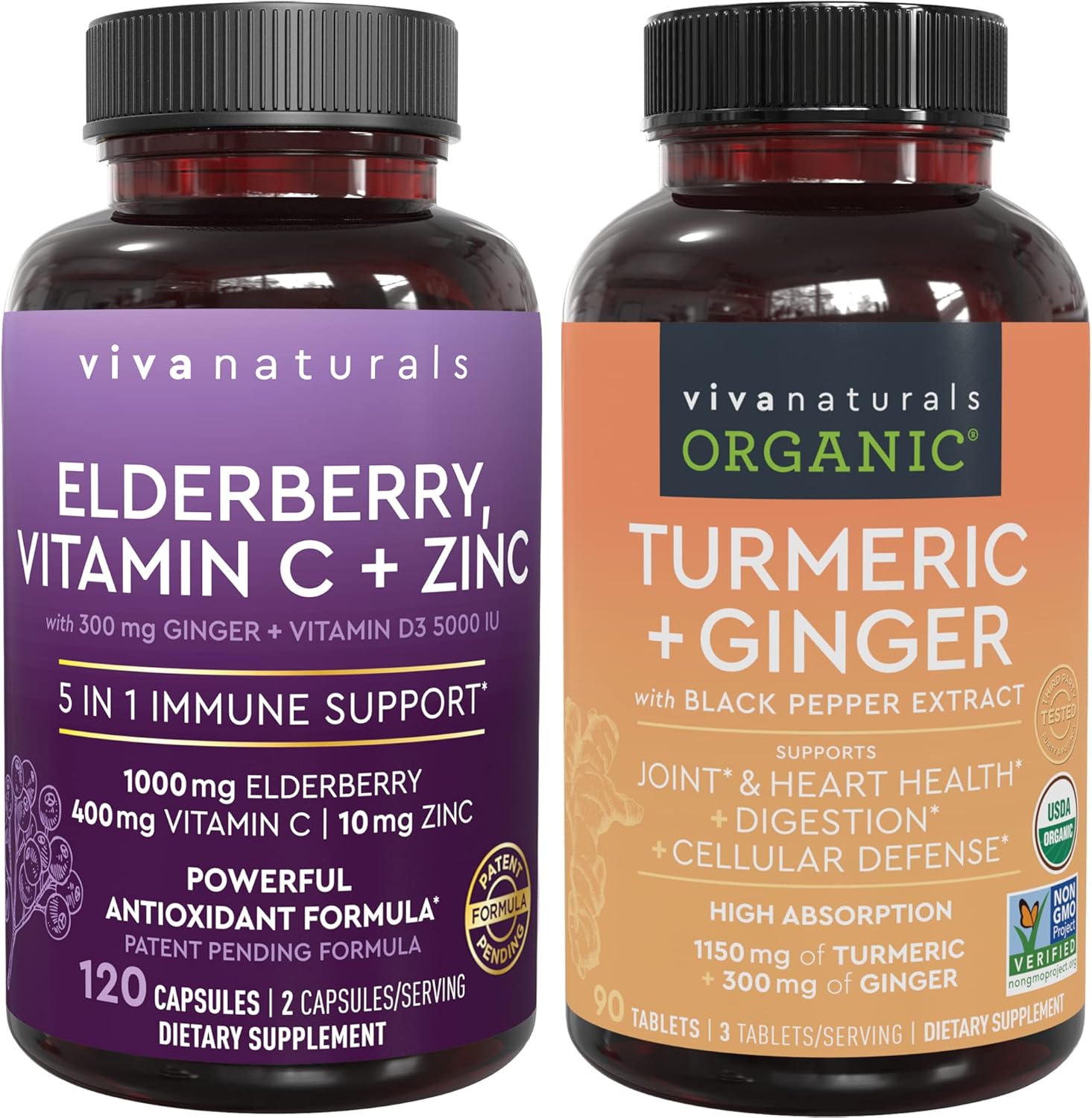 Organic Turmeric Curcumin Supplement With Black Pepper And Ginger And Elderberry, Vitamin C, Zinc And Vitamin D3 5000 Iu Bundle For Joint Support, Immune Support, Heart Health And Digestive Health