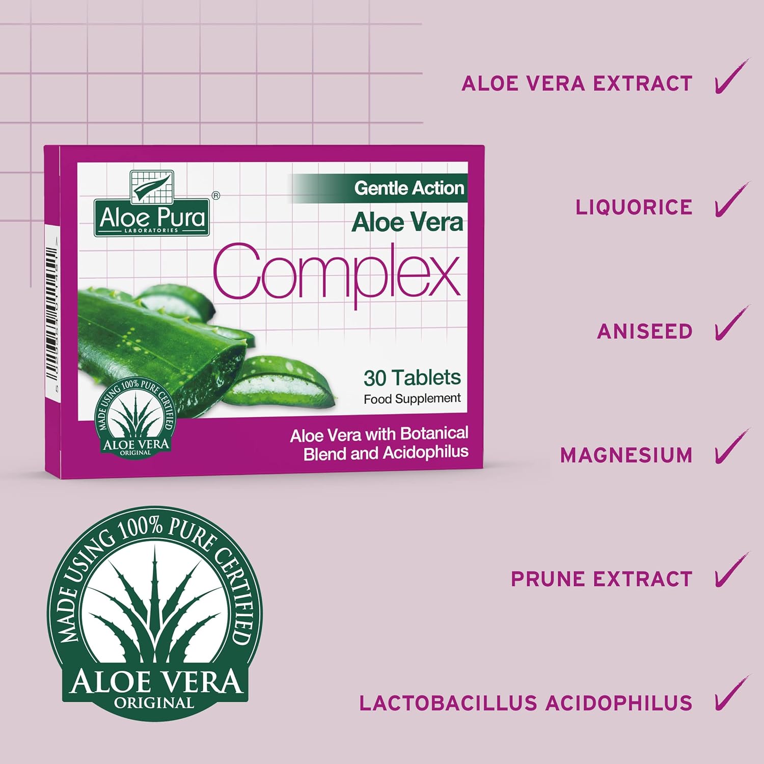Aloe Pura Aloe Vera Gentle Action Complex Tablets , Natural , Vegetarian , Cruelty Free , Food Supplement, Botanical Blend , 30 Tablets : Amazon.co.uk: Health & Personal Care