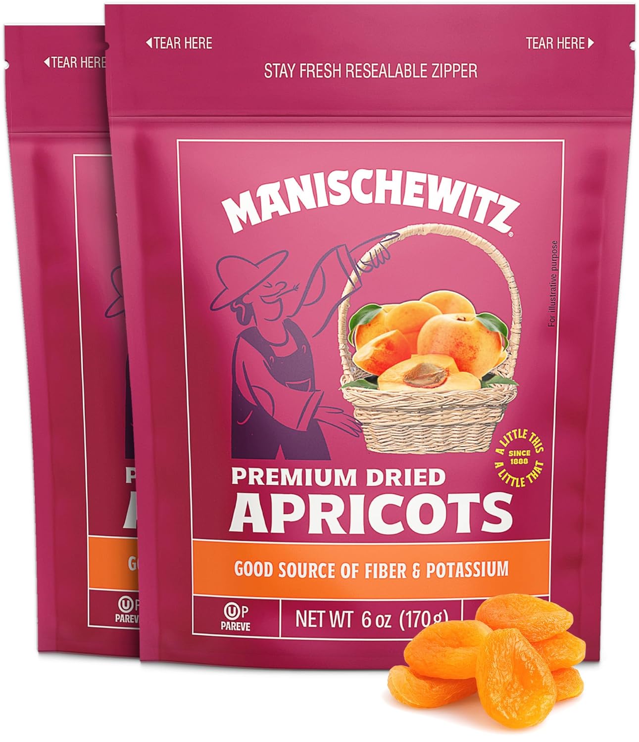 Manischewitz Premium Dried Apricots 6oz (2 Pack) "Resealable Bag", Gluten Free, No Sugar Added, Good Source of Fiber, Kosher