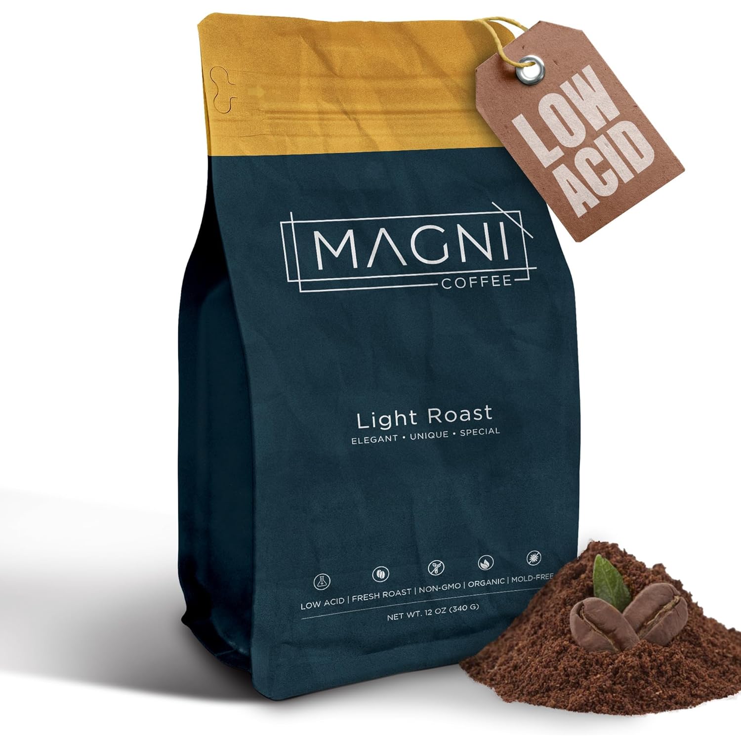 Magni Coffee - Ground - Light Roast - Low Acid - Single Origin Usda Organic Non-Gmo Beans Third Party Tested For Mycotoxins & Pesticides - Fair Trade -12 Oz