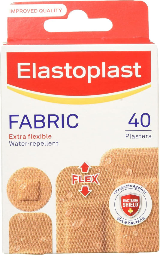 Elastoplast Fabric Extra Breathable, 40 Diferent Shapes Plasters/ Wound Pad Colour Tan (Water - Repellent)