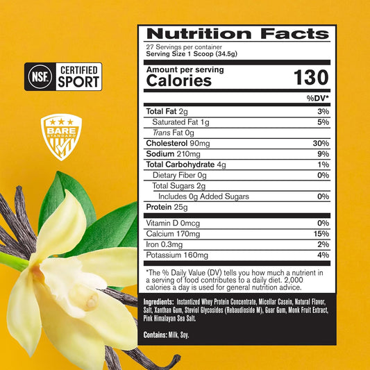 Bare Performance Nutrition, Bpn Whey Protein + Casein Protein Powder Blend, Vanilla, 25G Protein Per Serving Supports Lean Muscle Recovery, 27 Servings, Third Party Tested