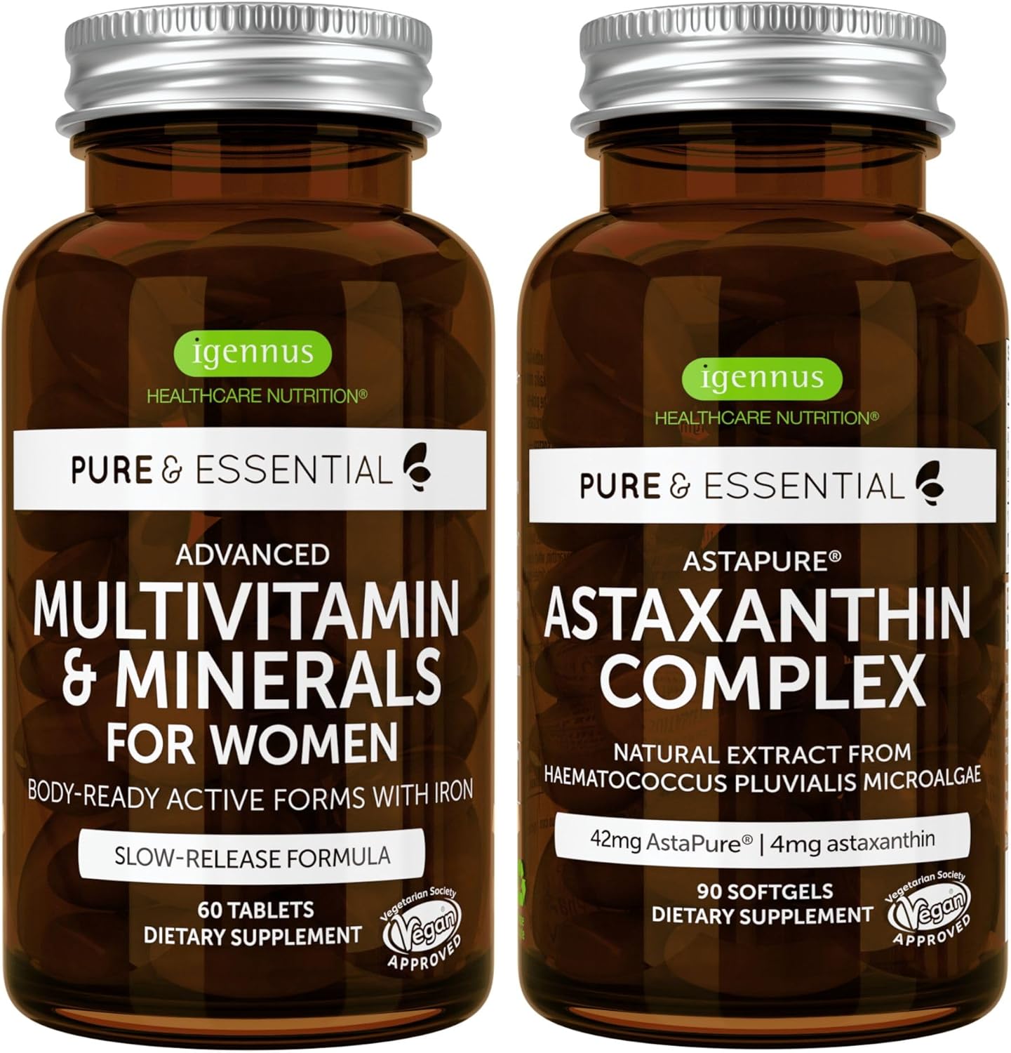 Multivitamin & Minerals For Women + Astaxanthin Complex Vegan Bundle, Sustained Release Advanced Multivitamin With Iron + Natural 4 Mg H. Pluvialis Astaxanthin, By Igennus