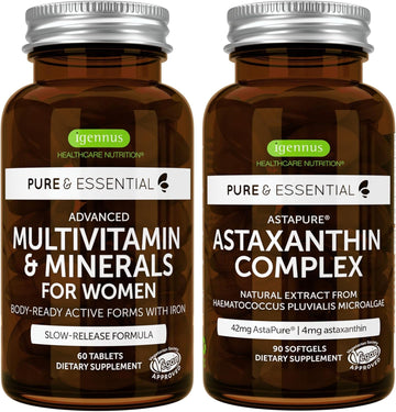 Multivitamin & Minerals For Women + Astaxanthin Complex Vegan Bundle, Sustained Release Advanced Multivitamin With Iron + Natural 4 Mg H. Pluvialis Astaxanthin, By Igennus