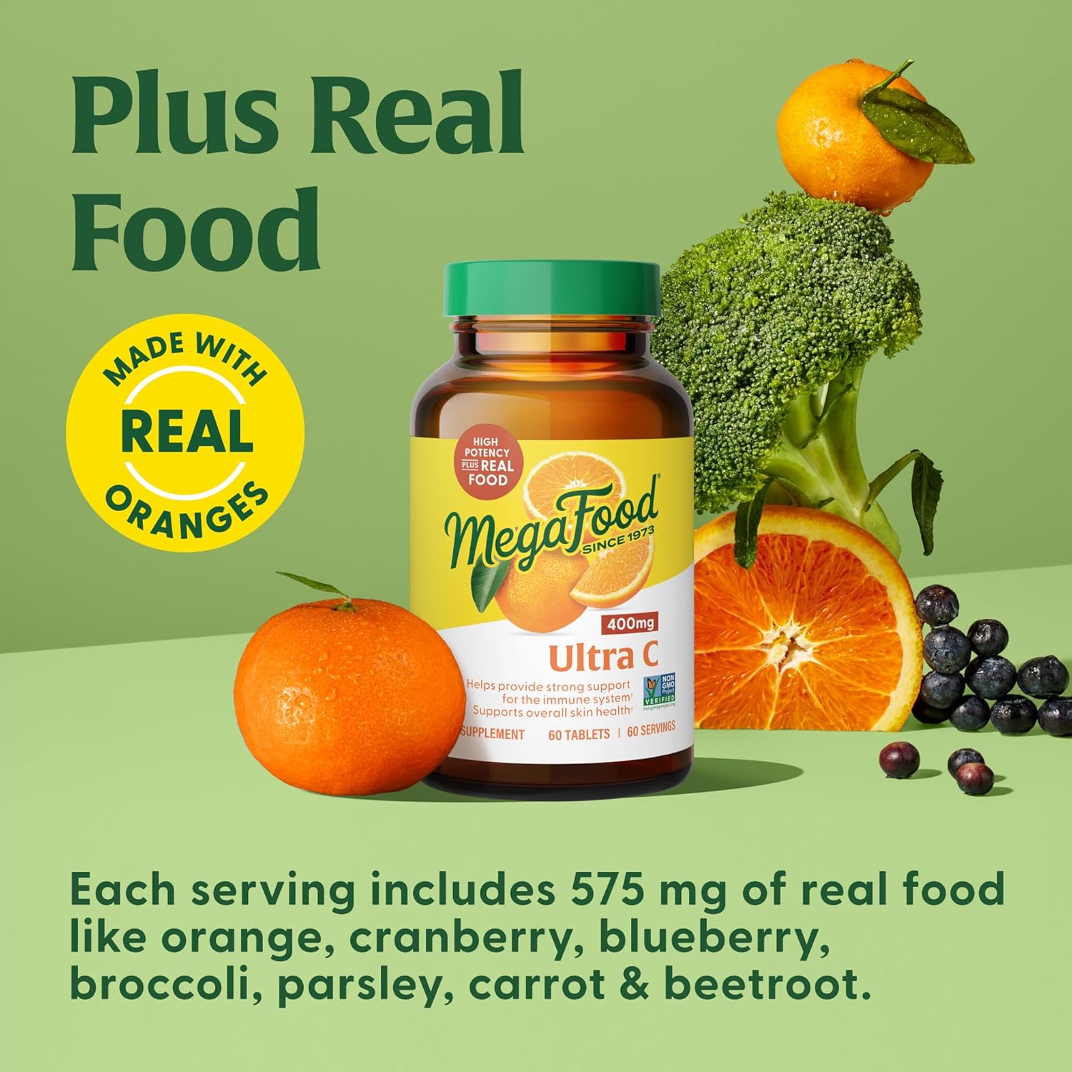 MegaFood Ultra C 400 mg - Vegan Immune Support Supplement with Vitamin C, Made with Real Food Including Broccoli, Carrot, Cranberry & Brown Rice, Gluten-Free, Kosher - 90 Tablets, 90 Servings : Health & Household