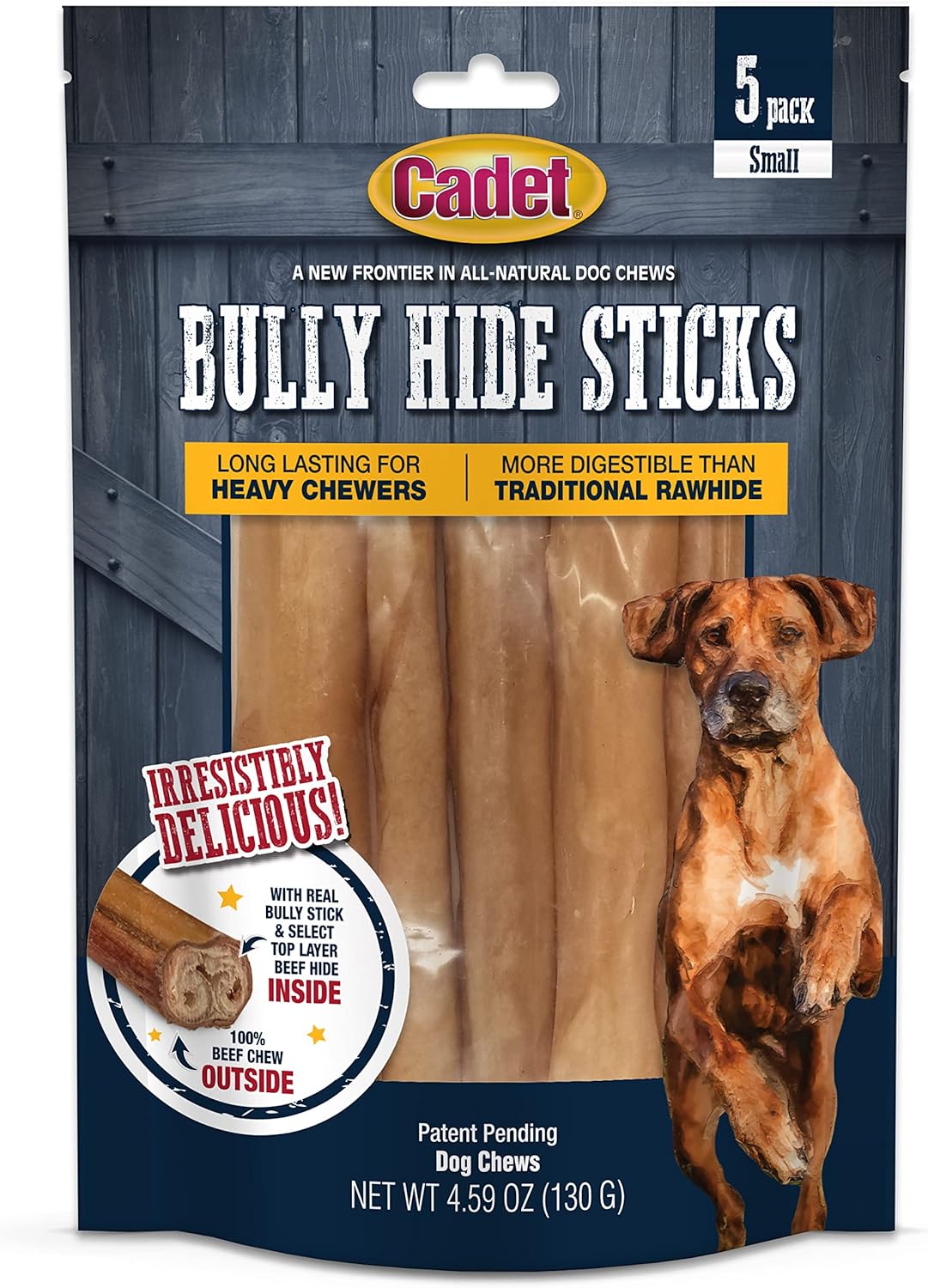 Cadet Bully Hide Sticks For Dogs - All-Natural Bully Stick & Beef Hide Dog Chews Long Lasting - Low Odor Bully Sticks Alternative - Dog Chews For Aggressive Chewers, Small (5 Pack)