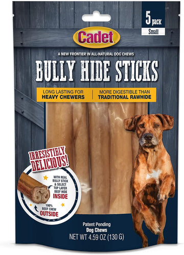Cadet Bully Hide Sticks For Dogs - All-Natural Bully Stick & Beef Hide Dog Chews Long Lasting - Low Odor Bully Sticks Alternative - Dog Chews For Aggressive Chewers, Small (5 Pack)