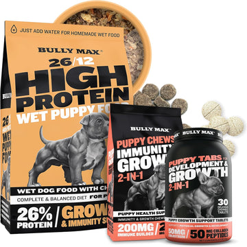 Bully Max Complete Puppy Growth Kit - 2Lbs Wet Puppy Food, Immunity & Growth 75Pcs Chews & 2-In-1 Puppy Vitamins 30 Chewable Tabs Bundle - Strong Muscles & Healthy Start For Small & Large Breeds