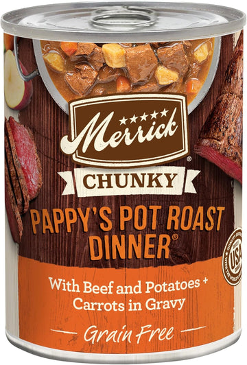 Merrick Chunky Grain Free Premium And Wholesome Canned Dog Food, Real Meat Pappy’S Pot Roast Dinner In Gravy - (Pack Of 12) 12.7 Oz. Cans