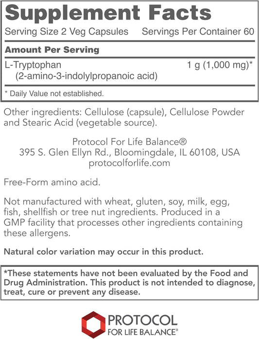 Protocol For Life Balance - L-Tryptophan 500 mg - 120 Veg Capsules