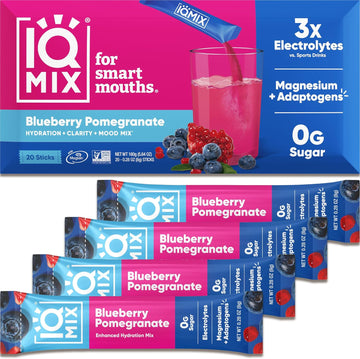 Iqmix Sugar Free Electrolytes Powder Packets - Hydration Supplement Drink Mix With Keto Electrolytes, Lions Mane, Magnesium L-Threonate, And Potassium Citrate - Blueberry Pomegranate (20 Count)