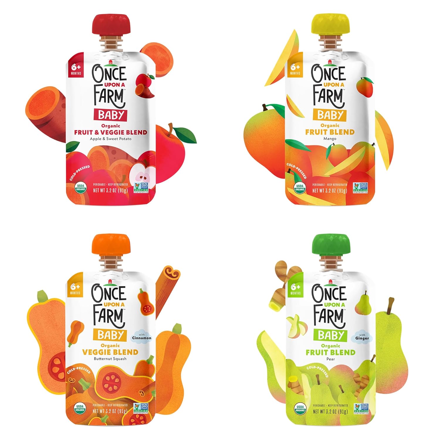 Once Upon A Farm | Simple Starters | Pear Ginger, Butternut Squash, Mango, Apple Sweet Potato | Cold-Pressed | No Sugar Added| Dairy-Free Plant Based | Variety Pack Of 24