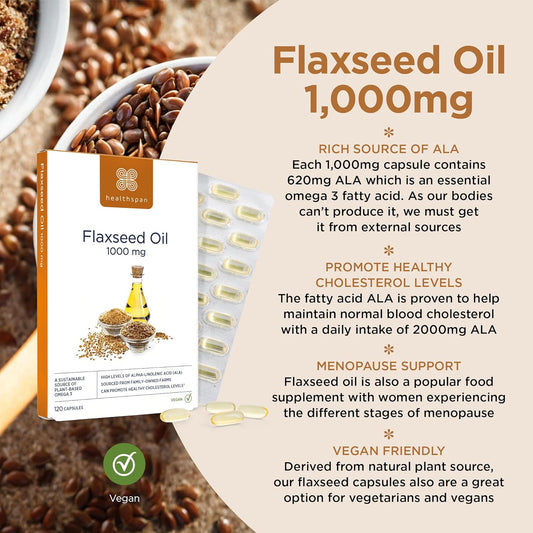 Healthspan Flaxseed Oil 1,000Mg | 120 Capsules | Omega 3 Fatty Acid Ala | Maintain Healthy Blood Cholesterol Levels | Women'S Health | Vegan