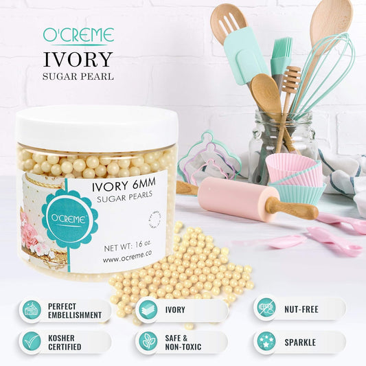 O'Creme Ivory Edible Sugar Pearls Cake Decorating Supplies For Bakers: Cookie, Cupcake & Icing Toppings, Beads Sprinkles For Baking, Certified, Candy Sugar Ball Accents (12Mm, 32 Oz)