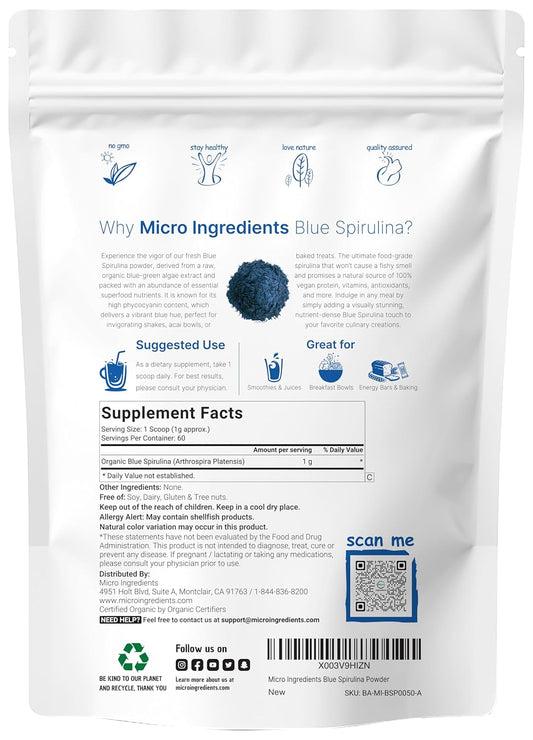 Organic Blue Spirulina Powder (Phycocyanin Extract), 60 Servings - No Fishy Smell, 100% Vegan Protein From Blue-Green Algae, Natural Luminous Food Coloring For Smoothies, Baking, Drinks & Cooking