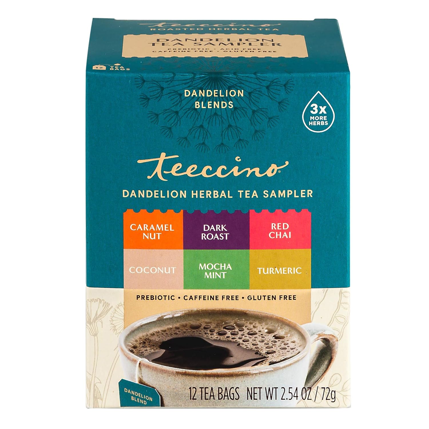 Teeccino Dandelion Tea Sampler – Caramel, Coconut, Dark Roast, Mocha Mint, Red Chai, Turmeric – Roasted Herbal Tea That’S Caffeine Free & Prebiotic With Detoxifying Dandelion, 12 Tea Bags