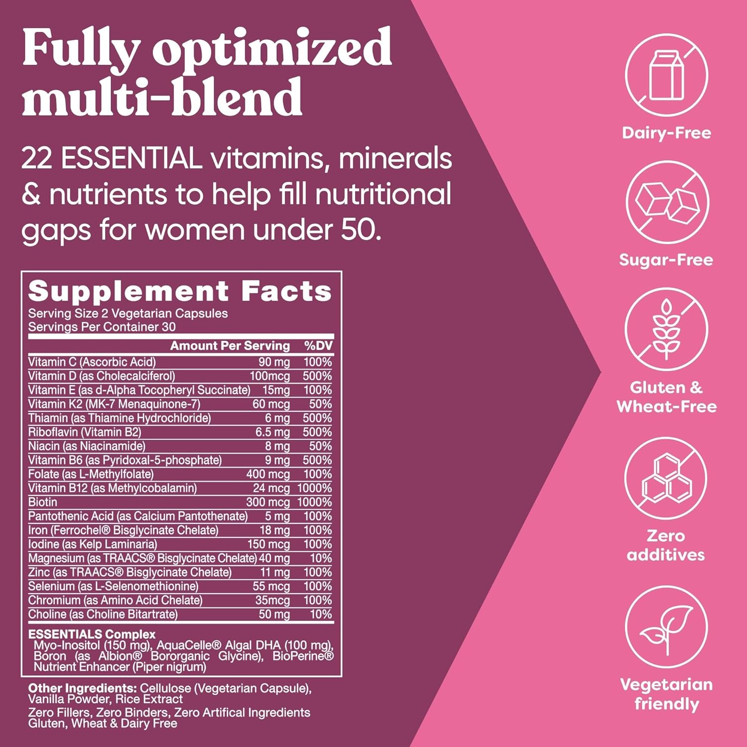 Next Gen Multivitamin for Women – 22 Optimized Vitamins for Immunity, Beauty, Brain, Energy, Bones and Heart – Vitamin C, D, E, K, Iron, B6 and DHA - 60 Vegetarian Soft Capsules (Packaging May Vary) : Health & Household