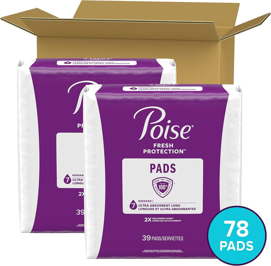 Poise Incontinence Pads & Postpartum Incontinence Pads, 7 Drop Ultra Absorbency, Long Length, 78 Count, Packaging May Vary