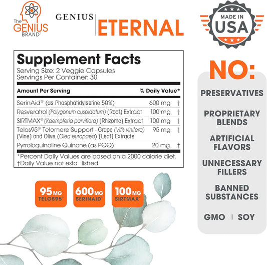 Genius Eternal, Anti-Aging Supplement - Telomere Capsules - Nrf2 Nadh Activator Supplements, Stem Cell Support For Longevity, Cellular Energy, Metabolism & Repair
