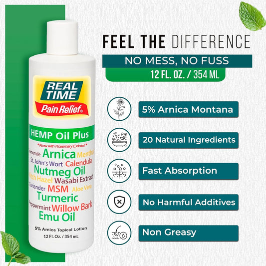 Real Time Pain Relief Hemp Oil Plus 12Oz Bottle | 20 Natural Ingredients: 5% Arnica & Rosemary | Fast Absorbing Lotion For Muscles, Hands, Feet, Ankle, Back, Shoulder, Knees & Joint Pain Discomfort