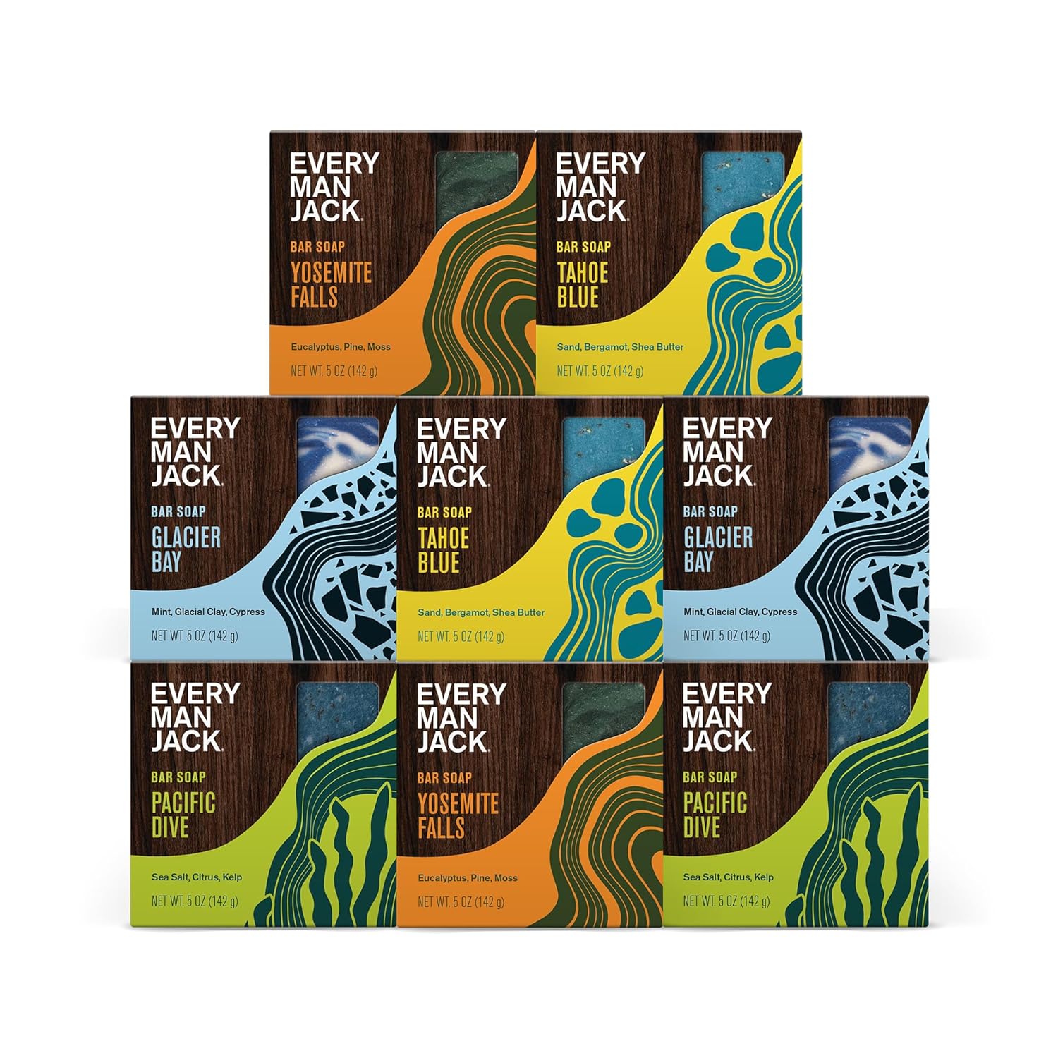 Every Man Jack Cold Plunge Mens Bar Soap Set - Deeply Cleans, Hydrates With Naturally Derived Ingredients - Iconic Cold Water Scents - Pacific Dive, Glacier Bay, Tahoe Blue, Yosemite Falls, 8 Bar Set