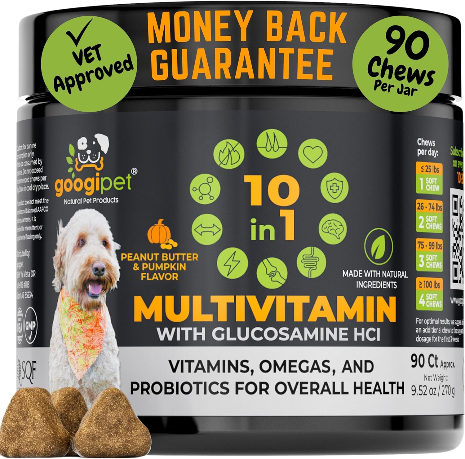 Googipet 10 in 1 Dog Multivitamin Chewable with Dog Probiotics for Gut Health, Dog Vitamins and Supplements w/Vitamin C & Glucosamine for Joint Support - Omega 3s (Peanut Butter & Pumpkin Flavor)