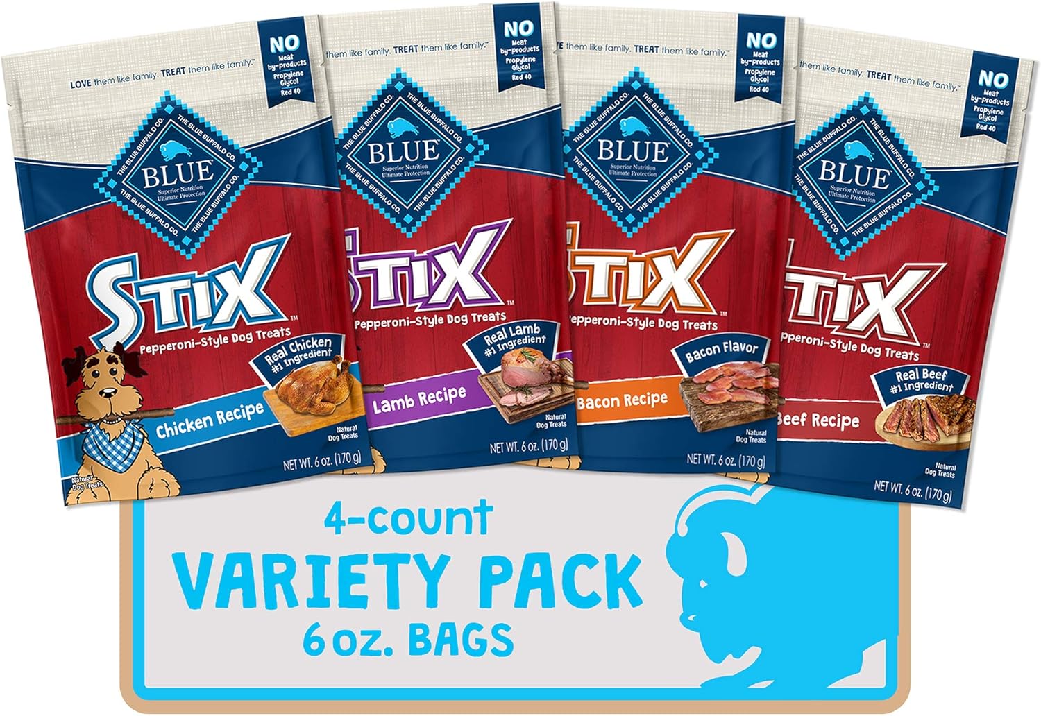 Blue Buffalo Stix Natural Soft-Moist Dog Treats Beef, Bacon, Lamb, And Chicken 6Oz Variety Pack, 4Ct