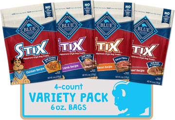 Blue Buffalo Stix Natural Soft-Moist Dog Treats Beef, Bacon, Lamb, And Chicken 6Oz Variety Pack, 4Ct
