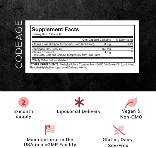Codeage Liposomal CoQ10 Supplement Max - Vitamin E Isomers Tocopherols - 250mg Coenzyme Q10 - Cardiovascular & Energy Support Pills - Non-GMO, Vegan, Gluten-Free - 2 Month Supply - 60 Capsules