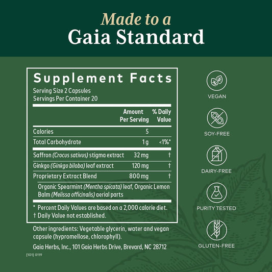 Gaia PRO Nootropic Focus - Supports Healthy Concentration - with Saffron Extract, Ginkgo Biloba, Organic Spearmint Extract & Lemon Balm Extract - 40 Vegan Liq Phyto-Capsules (20 Servings)