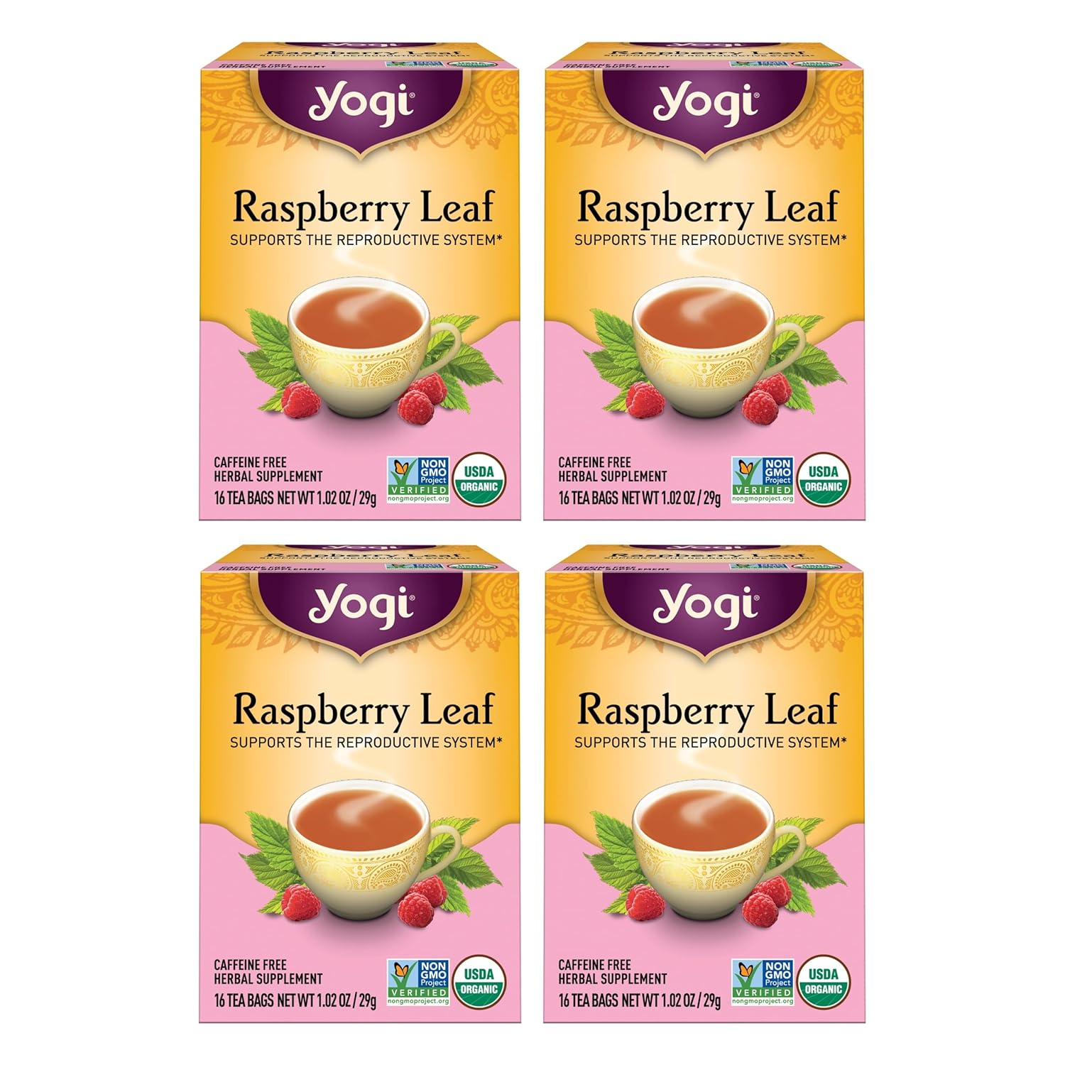 Yogi Tea Organic Raspberry Leaf Tea - 16 Tea Bags Per Pack (4 Packs) - Caffeine-Free, Aids Discomfort Of Menstruation - Made From Raspberry Leaves