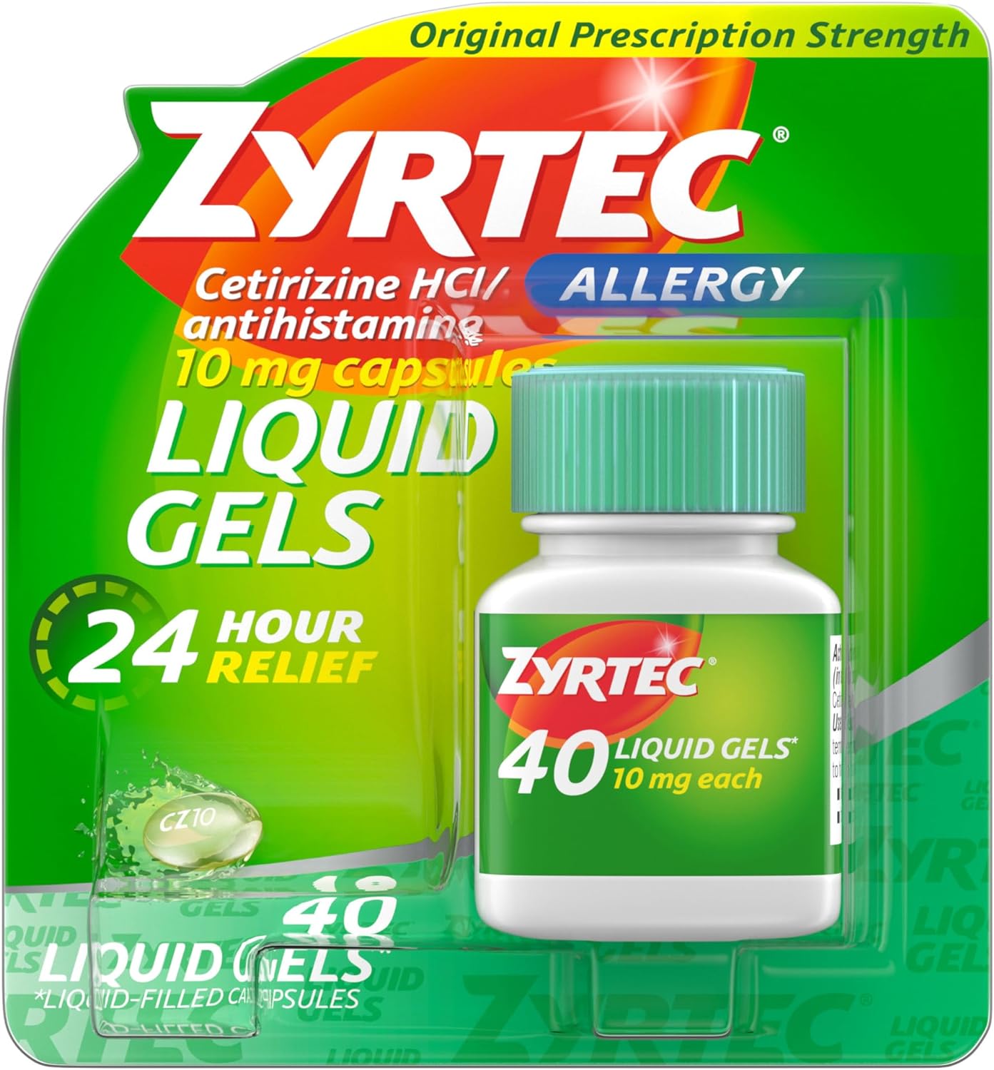 Zyrtec 24 Hour Allergy Relief Liquid Gels, Antihistamine Capsules With Cetirizine Hydrochloride Allergy Medicine For All-Day Relief From Runny Nose, Sneezing, Itchy Eyes & More, 40 Ct