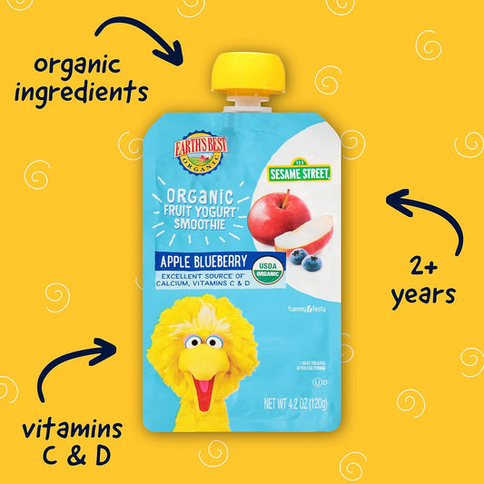 Earth'S Best Organic Kids Snacks, Sesame Street Toddler Snacks, Organic Fruit Yogurt Smoothie For Toddlers 2 Years And Older, Apple Blueberry, 4.2 Oz Resealable Pouch (Pack Of 12)