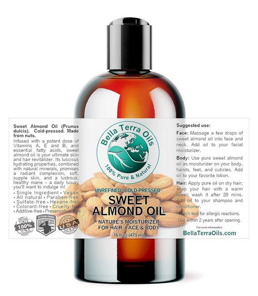 Bella Terra Oils - Organic Sweet Almond Oil 16 oz - Harnessing Almond’s Rich Vitamin A & B Profile, Cold-Pressed, Ideal for Radiant Skin