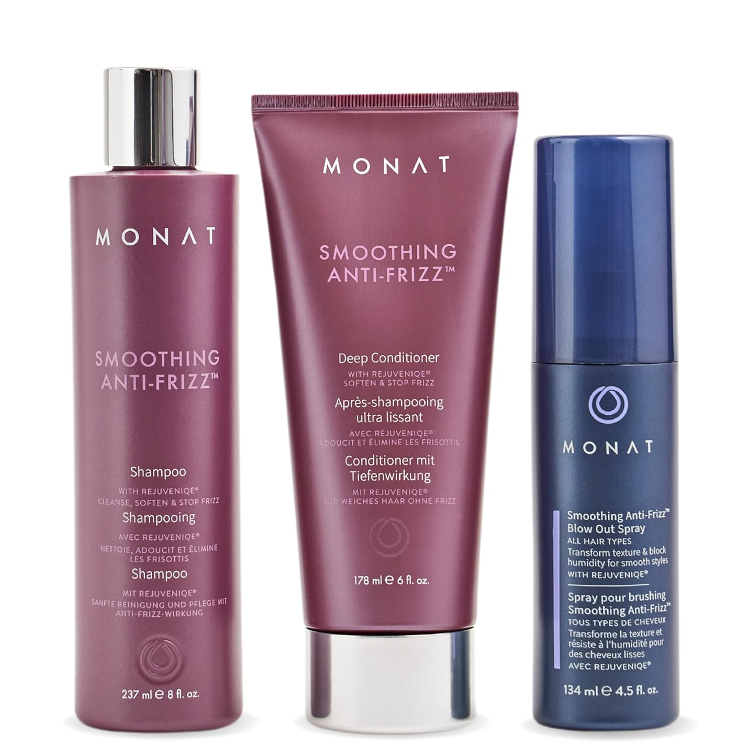 Monat Smoothing Anti Frizz System – Frizz Resistant Hair Care With Anti Frizz Shampoo Frizz Control Conditioner & Blowout Styling Spray – Professional Hair Smoothing Hair Therapy For Frizz