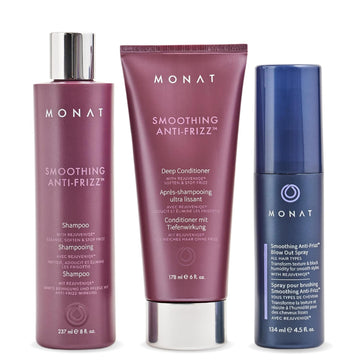 Monat Smoothing Anti Frizz System – Frizz Resistant Hair Care With Anti Frizz Shampoo Frizz Control Conditioner & Blowout Styling Spray – Professional Hair Smoothing Hair Therapy For Frizz