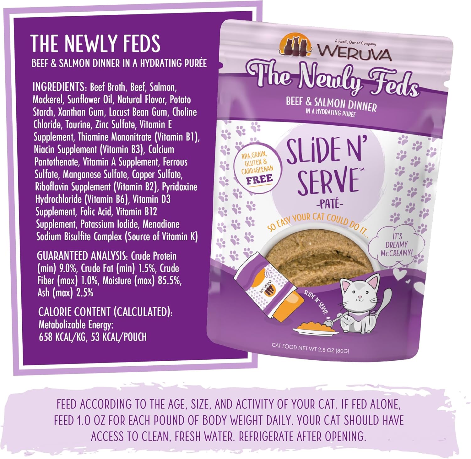 Weruva Wet Cat Food, The Newly Feds with Beef and Salmon Pate, 2.8oz Slide N Serve Pouch, Pack of 12 : Pet Supplies