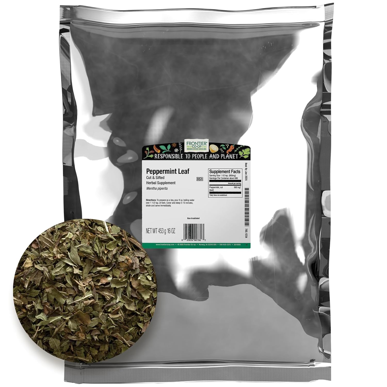 Frontier Co-Op Bulk Peppermint Leaf, 1 Pound, Cut, Sifted Peppermint For Tea & Cooking, Cool, Refreshing Scent