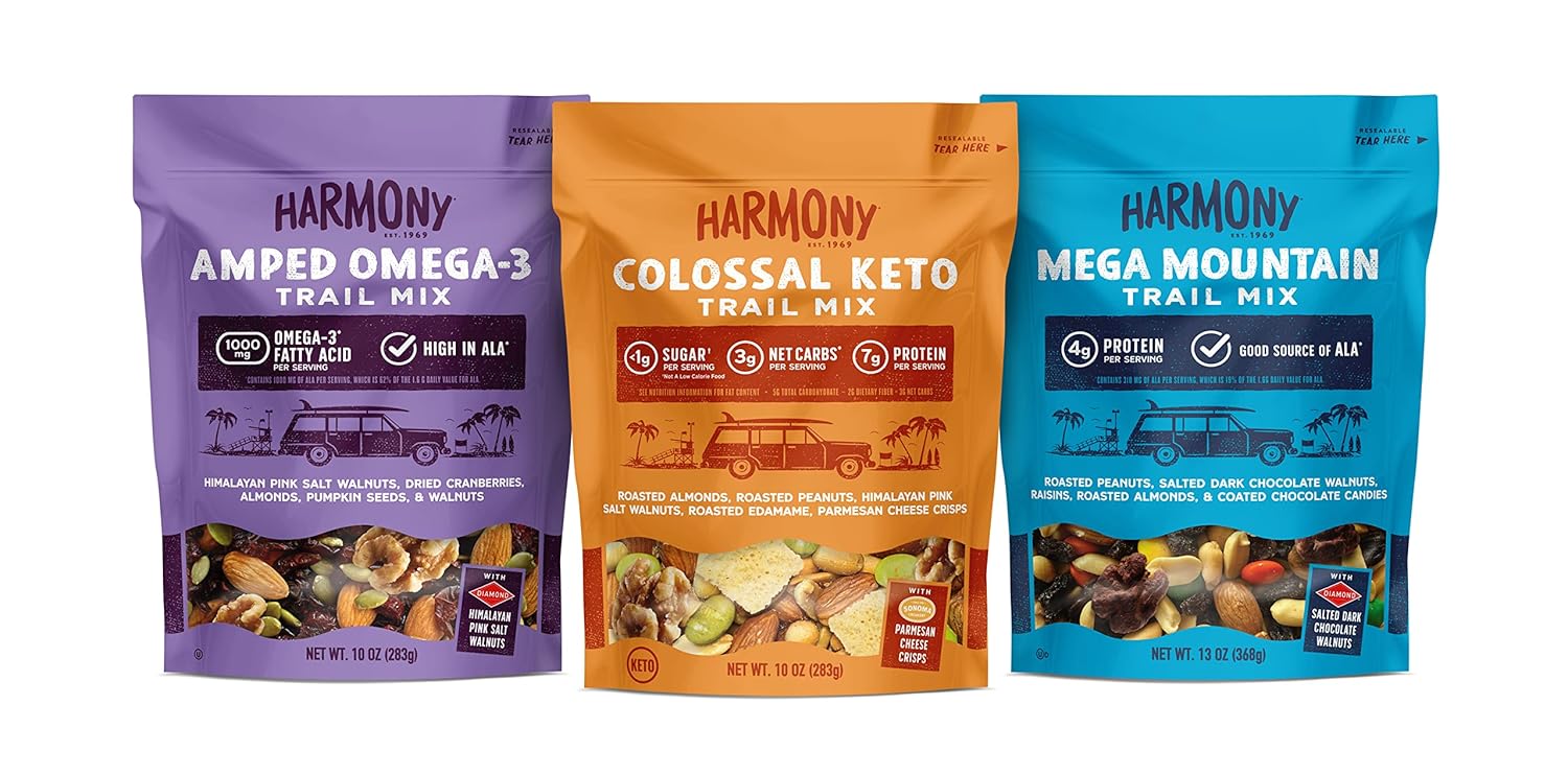 Diamond Of California Harmony Trail Mix Variety Pack With 13-Oz. Mega Mountain, 10-Oz. Colossal Keto, And 10-Oz. Amped Omega-3 Trail Mix