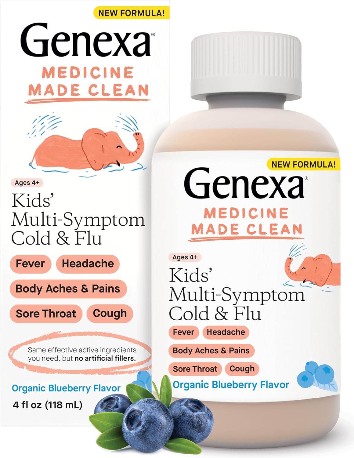 Genexa Kids' Multi-Symptom Cold & Flu Children'S Liquid Pain, Fever And Cough Medicine |Pain, Fever And Cough Syrup For Kids 4-11 | Delicious Organic Blueberry Flavor | 4 Fluid Ounces