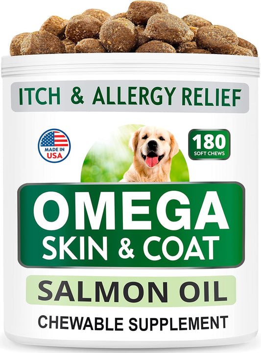 Omega 3 For Dogs + Dog Probiotics Chews Bundle - Itch Relief + Upset Stomach Relief - Epa & Dha Fatty Acids + Enzymes + Prebiotics - Joint Health + Improve Digestion - 120 + 180 Chews - Made In Usa